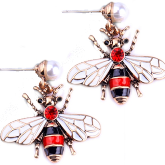 Jewelry - Bee Earrings - Elegant Rare Red Rhinestone  Faux Pearl at top -- NWOT